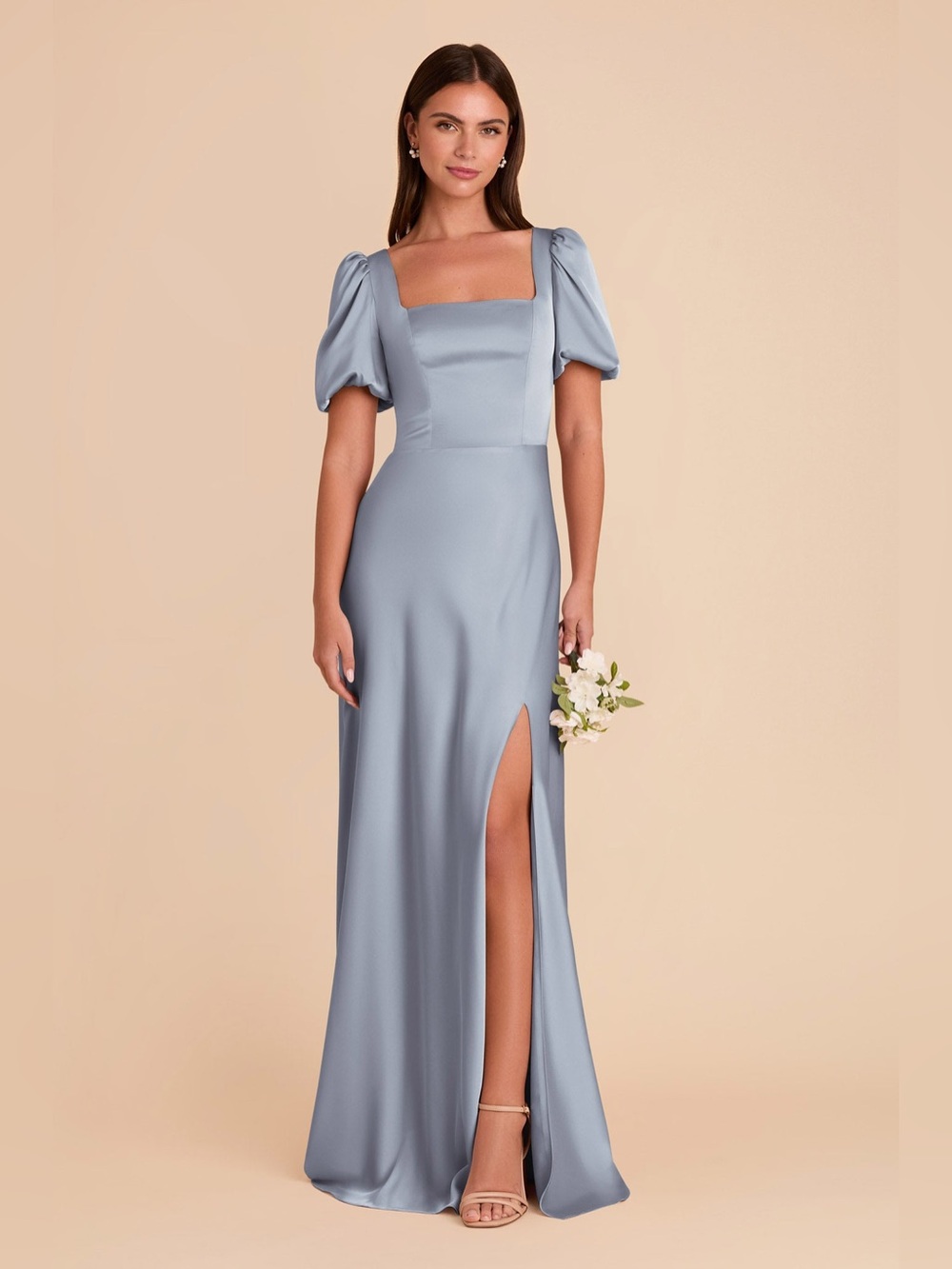 Birdy Grey Judy Satin Maxi Dress Dusty Blue Puff Sleeve Square Neck Bridesmaid M